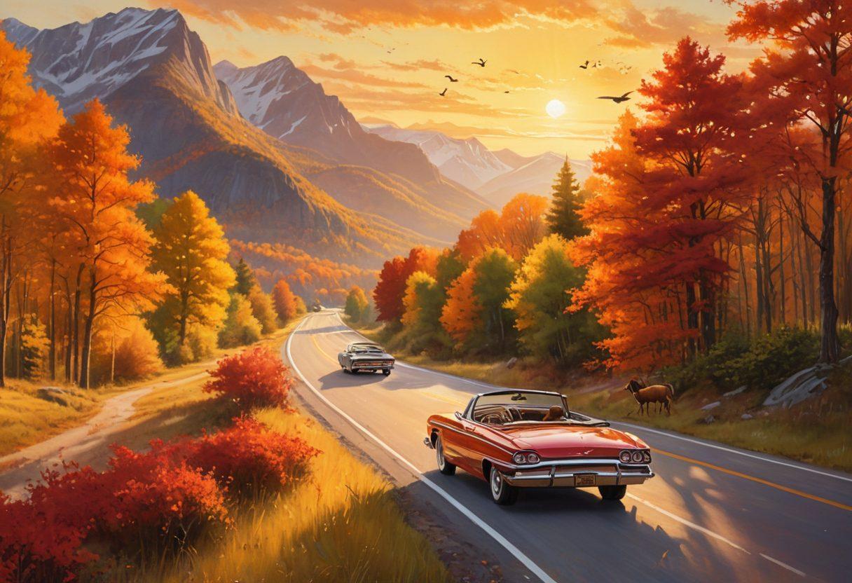 A picturesque highway winding through a lush landscape, with vibrant autumn foliage on either side, a couple driving a vintage convertible with joyful expressions, a scenic overlook in the background showcasing mountains and a sunset, and playful wildlife like deer and birds darting around. super-realistic. vibrant colors. painterly style.