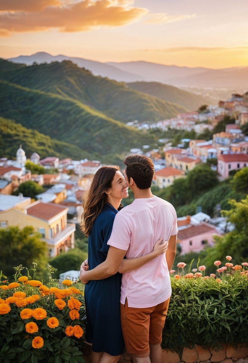A picturesque scene featuring a couple embracing at a scenic viewpoint, surrounded by lush landscapes representing diverse travel destinations. Include elements of local culture, such as traditional architecture or street markets in the background. The sky should be painted in warm sunset hues for a romantic feel. Capture various nods to community bonds, like groups of friends sharing laughter nearby. soft-focus, vibrant colors, super-realistic.