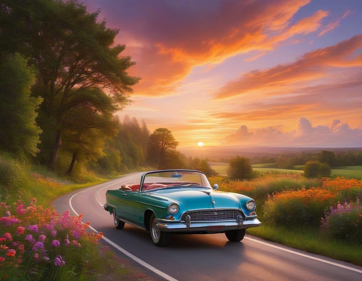 A scenic highway stretching through lush landscapes, with a vintage convertible car carrying a couple laughing and sharing a moment. The sky is painted with warm sunset hues, symbolizing romance and adventure, with soft pink and orange clouds. In the foreground, wildflowers bloom alongside the road, adding a touch of color and beauty. The scene beautifully captures the essence of love on the journey, inviting viewers to imagine their own adventures. vibrant colors. super-realistic.